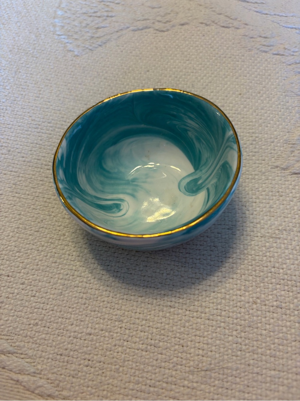 NWT GlitterVille Handcrafted Teal Swirl Ceramic Bowl with Gold Rim - Home Art